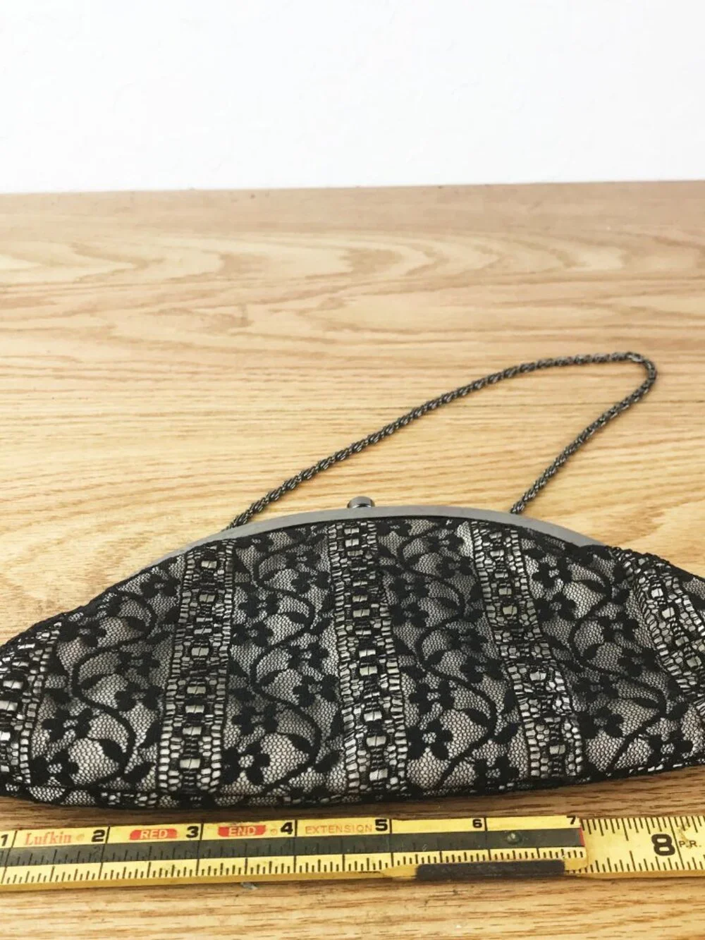 Ken Lady Black Lace Evening Clutch – Champagne Satin, Gunmetal Frame & Cord Stra